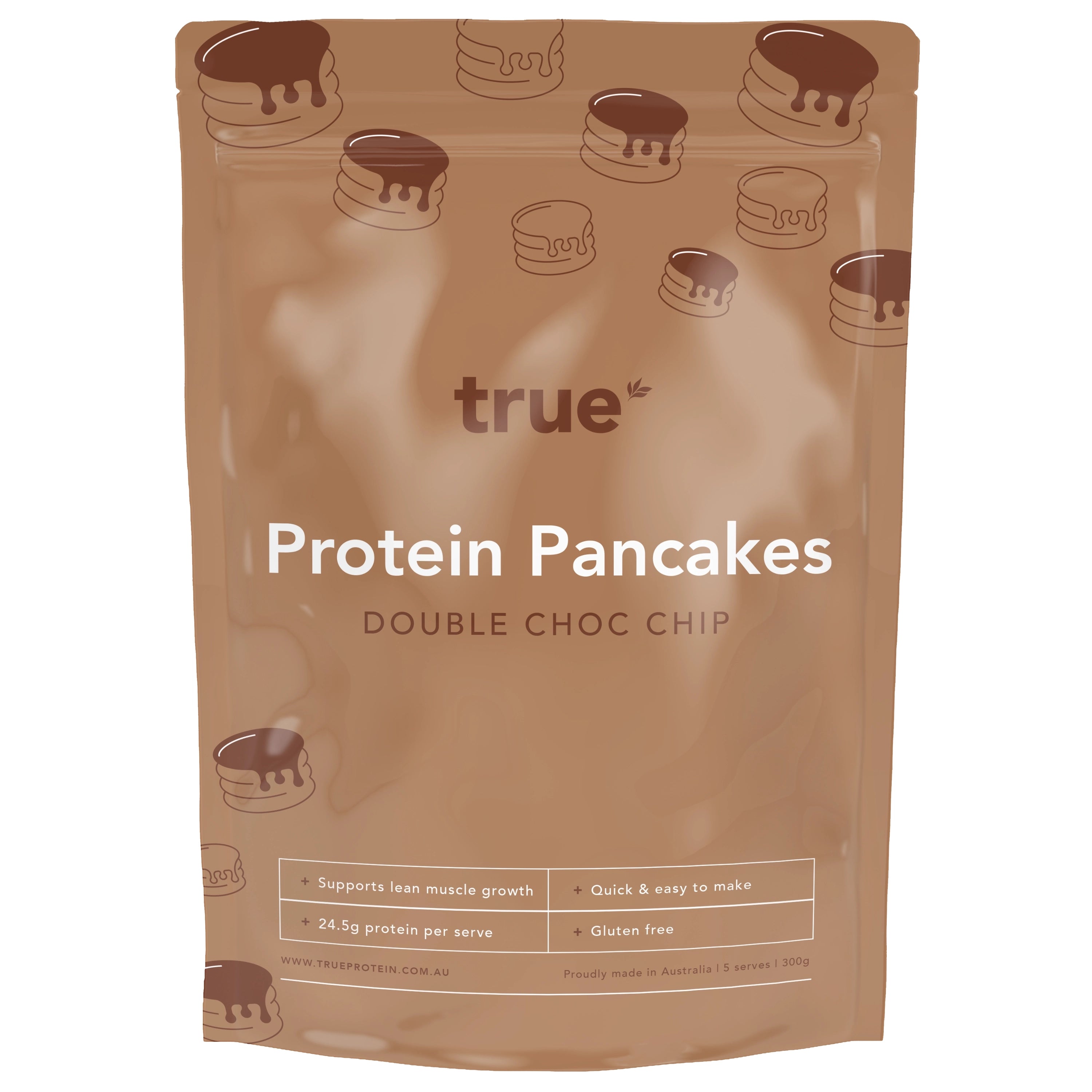 High Protein Pancake Mix Double Choc Chip True Protein   Pouch Render Pancakes DCC White.webp